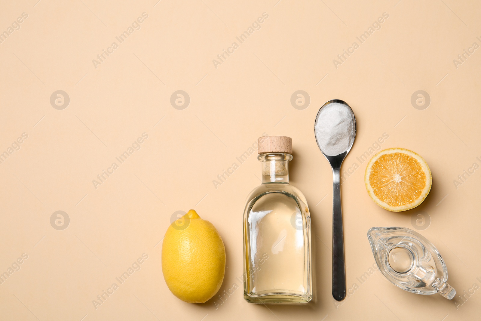 Photo of Flat lay composition with vinegar on color background. Space for text