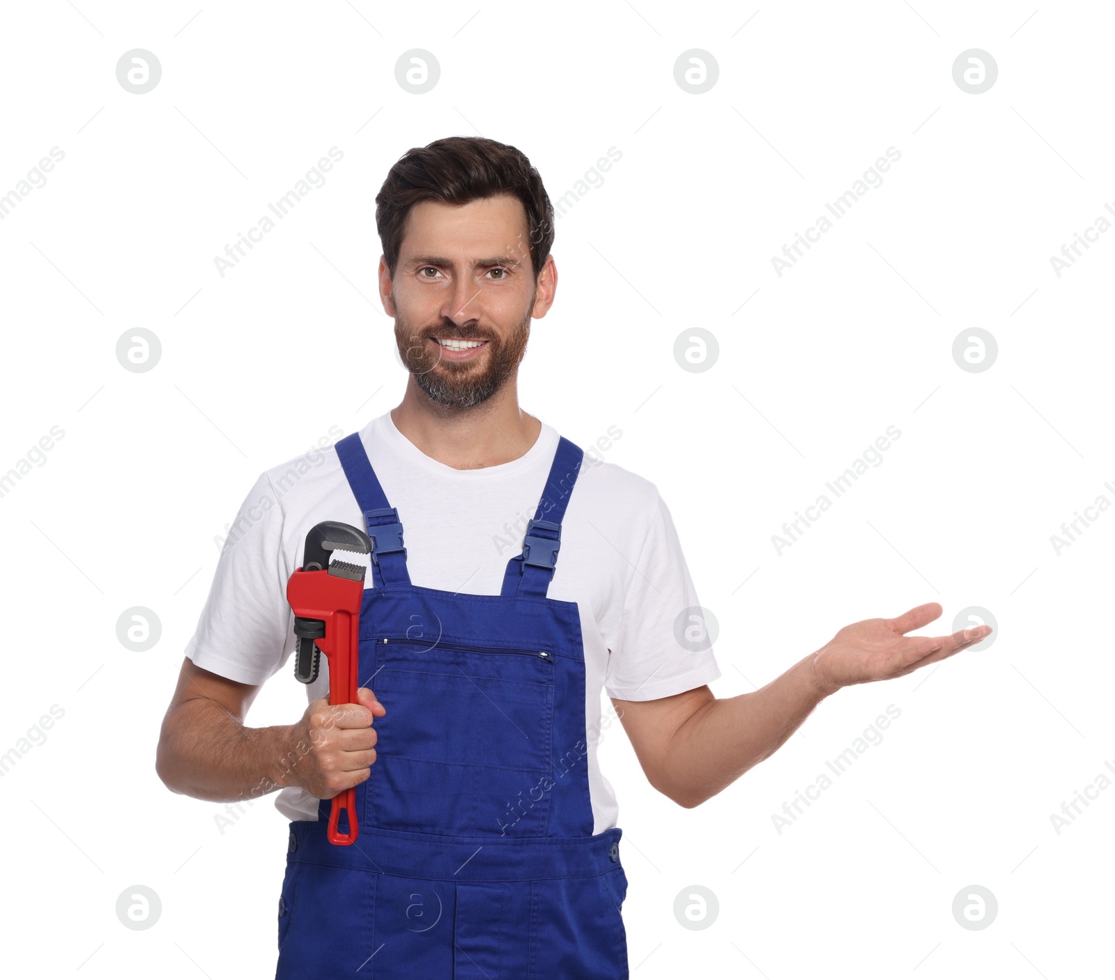 Photo of Professional plumber with pipe wrench on white background