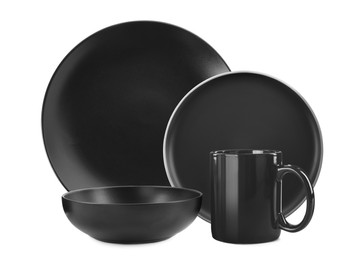 Image of Set of stylish black dinnerware on white background