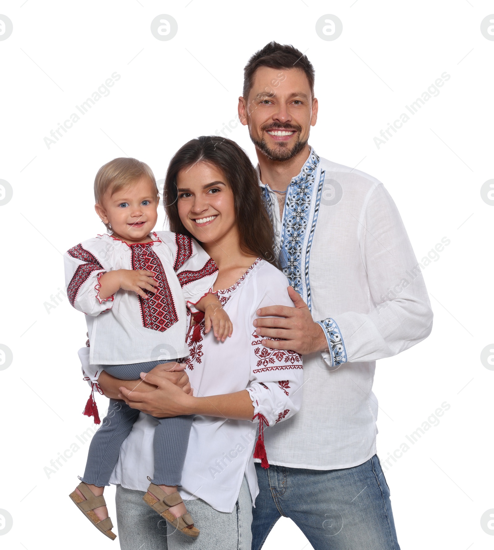 Photo of Happy family in Ukrainian national clothes on white background