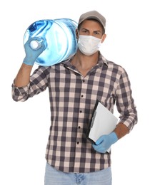 Courier in medical mask with bottle for water cooler and clipboard on white background. Delivery during coronavirus quarantine