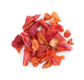 Photo of Aromatic spice. Pile of red chili pepper flakes isolated on white, top view