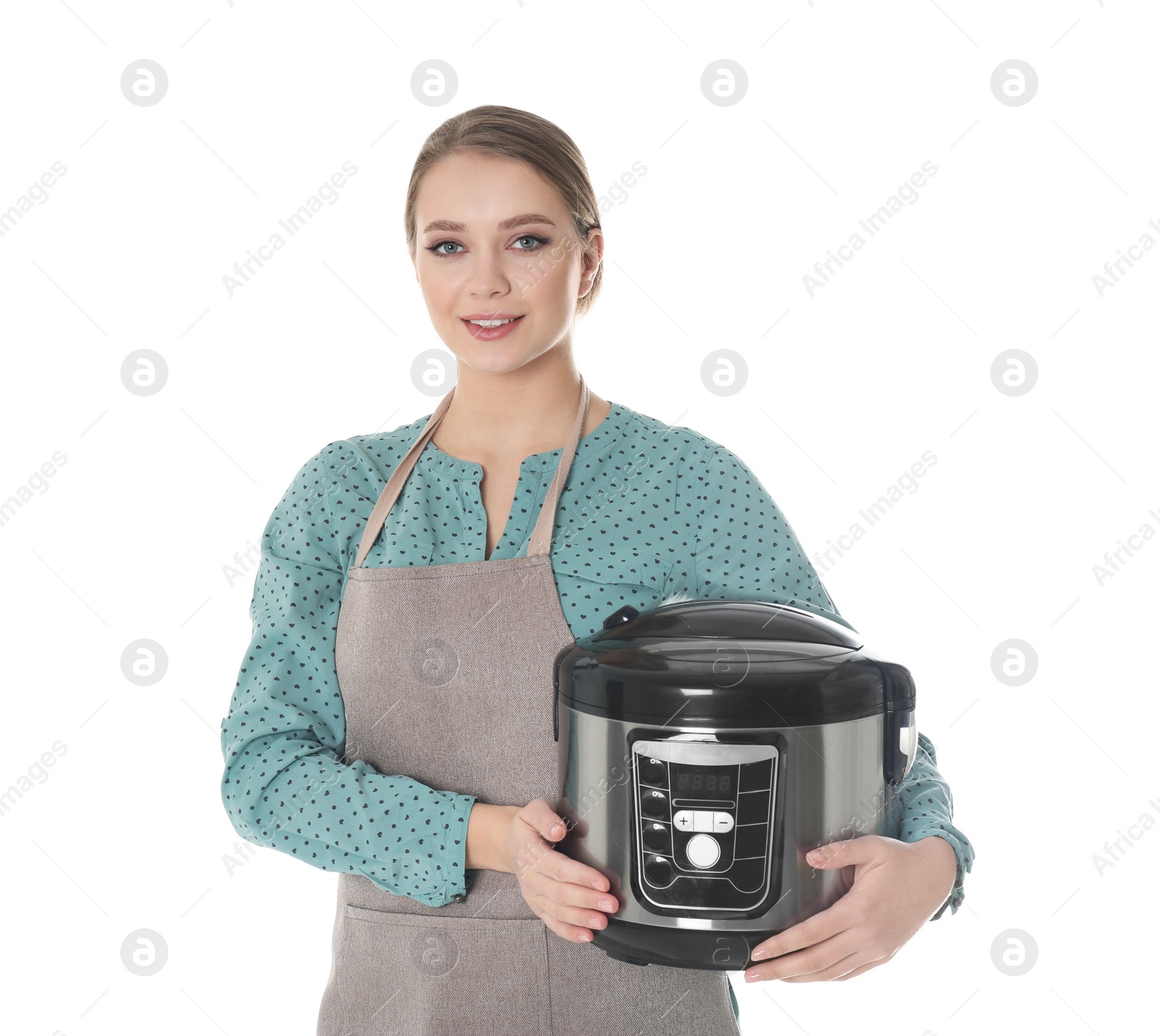 Photo of Portrait of young woman with modern multi cooker on white background