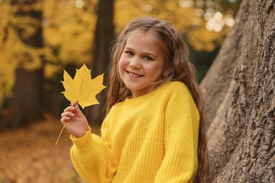 Portrait of cute girl with dry leaf near tree in autumn park