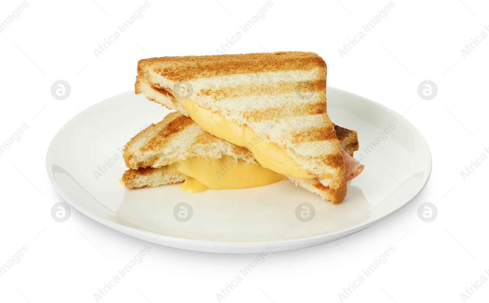 Photo of Tasty sandwiches with ham and melted cheese isolated on white