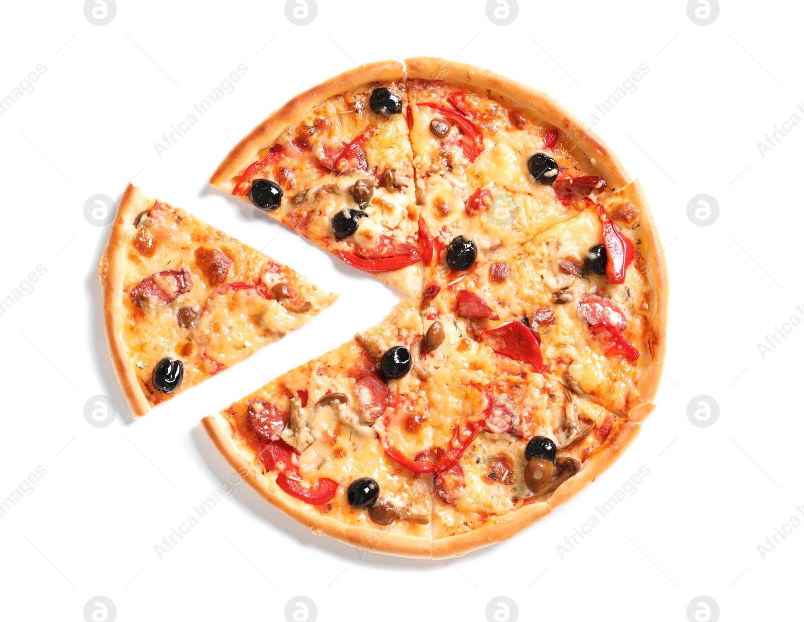 Photo of Delicious pizza with olives and sausages on white background