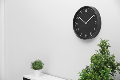 Office interior with houseplants and clock on wall. Time management