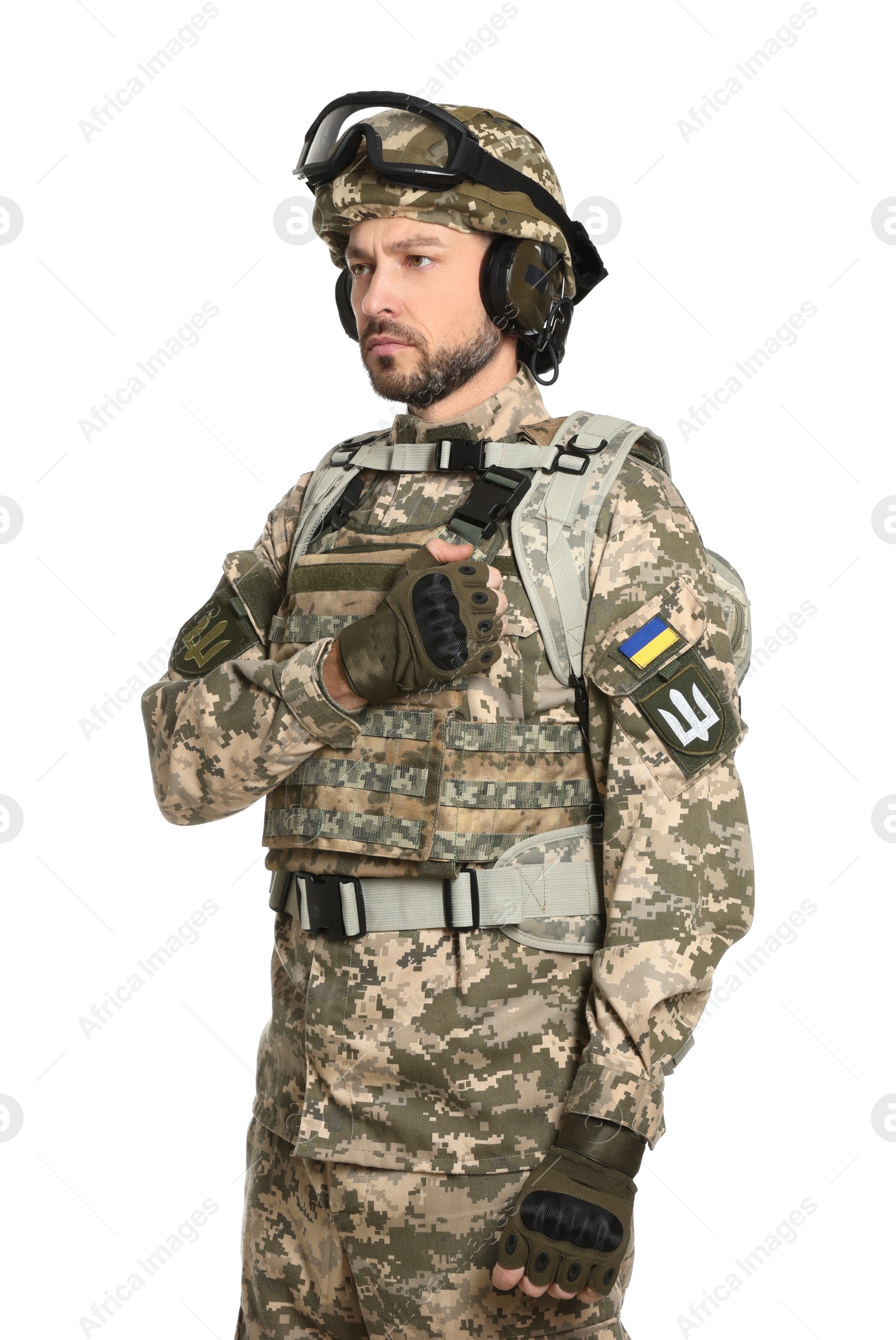 Photo of Soldier in Ukrainian military uniform with tactical goggles on white background