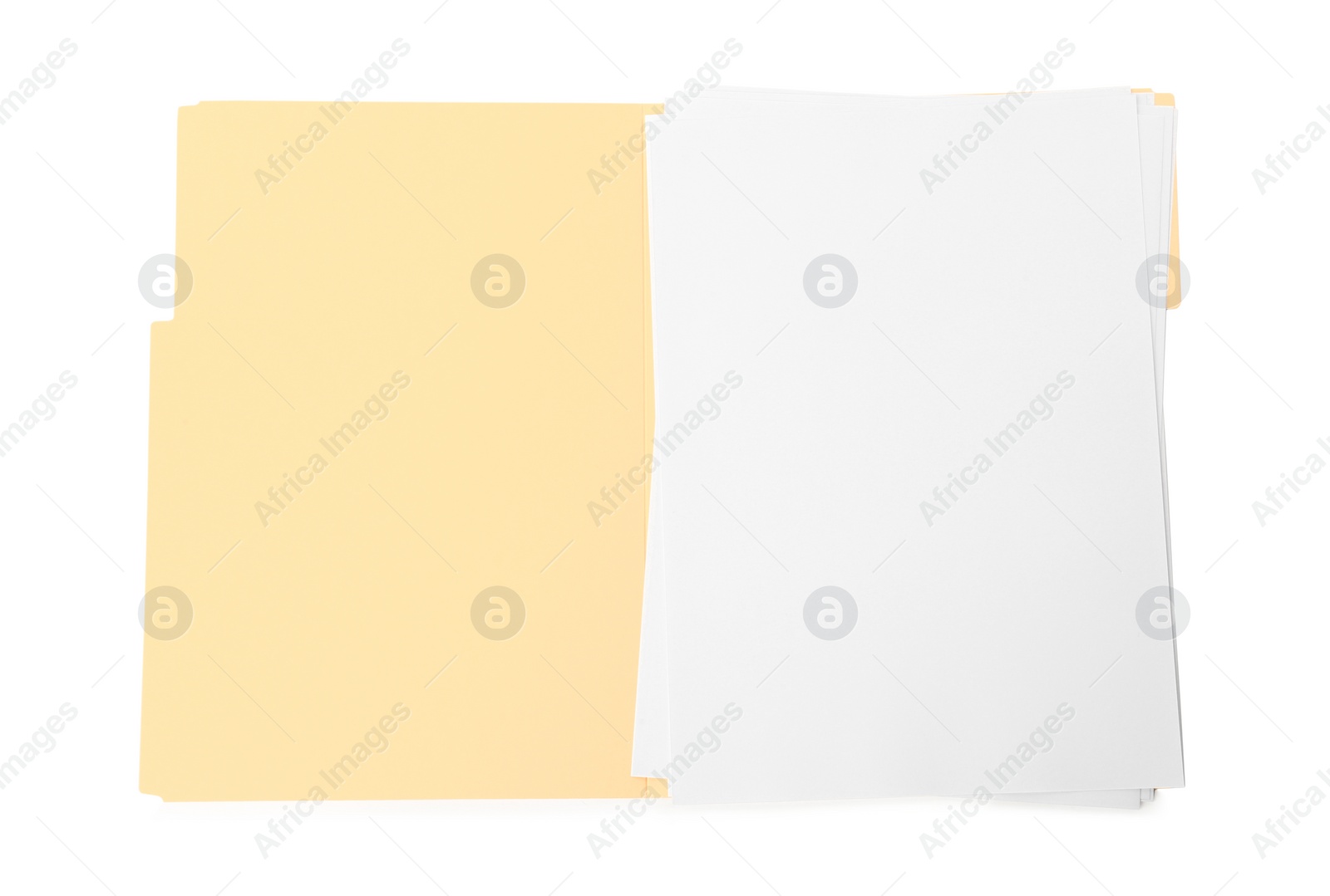 Photo of Yellow file with blank sheets of paper isolated on white, top view. Space for design