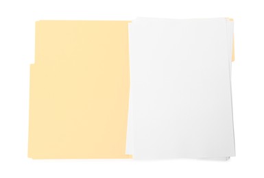 Photo of Yellow file with blank sheets of paper isolated on white, top view. Space for design