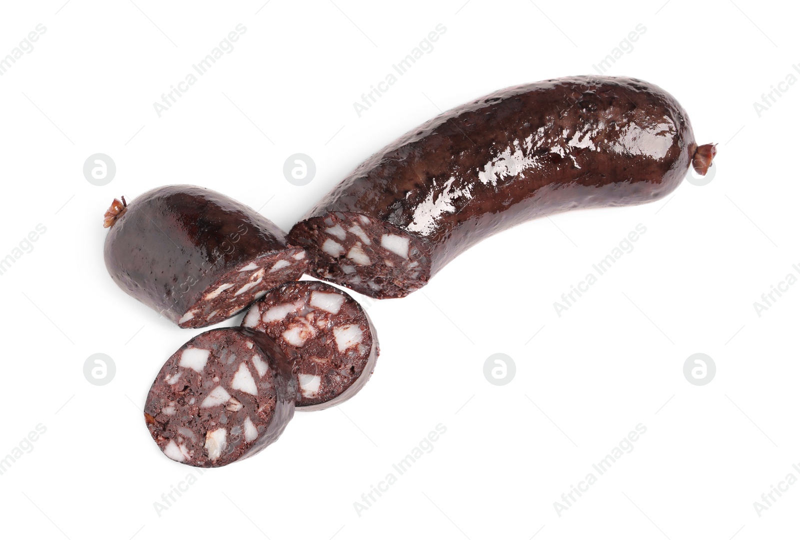 Photo of Cut tasty blood sausage on white background, top view