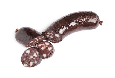 Photo of Cut tasty blood sausage on white background, top view