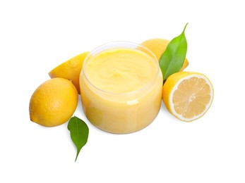 Photo of Delicious lemon curd in glass jar, fresh citrus fruits and green leaves isolated on white