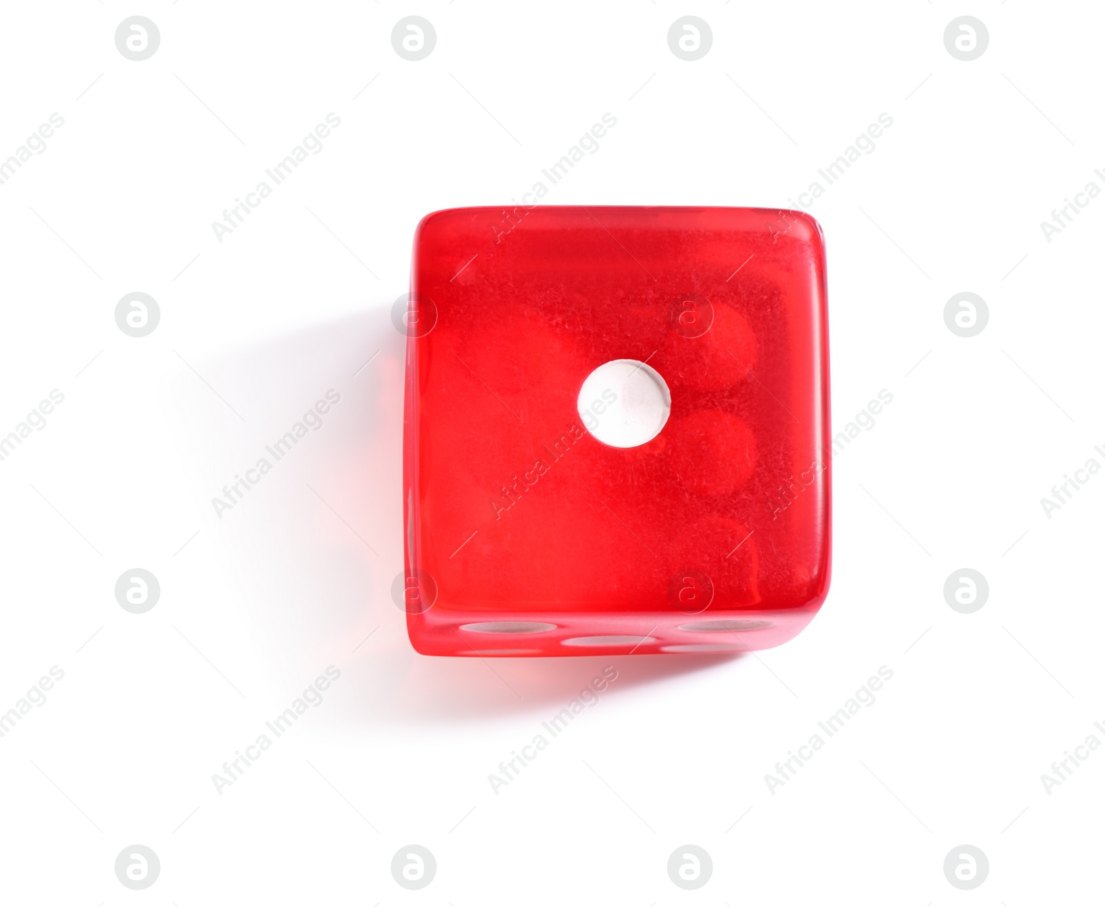 Photo of One red game dice isolated on white, top view