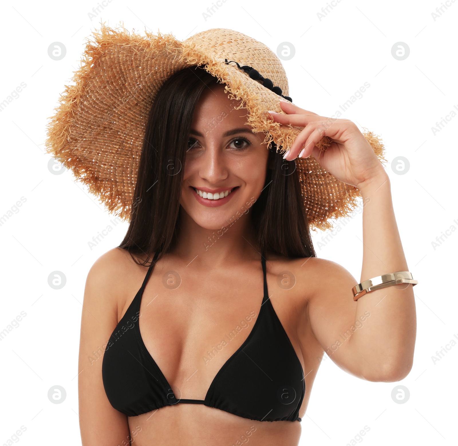 Photo of Pretty sexy woman with slim body in stylish black bikini on white background