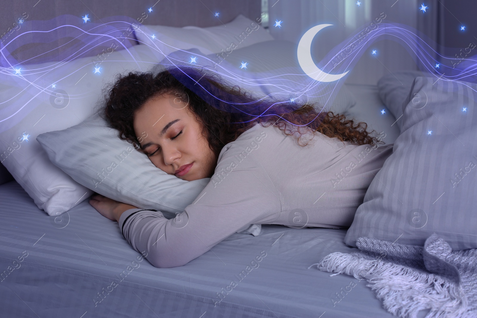 Image of Young African American woman sleeping in bed, top view. Healthy circadian rhythm and sleep habits