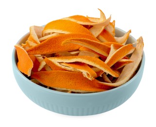 Photo of Bowl with dry orange peels isolated on white