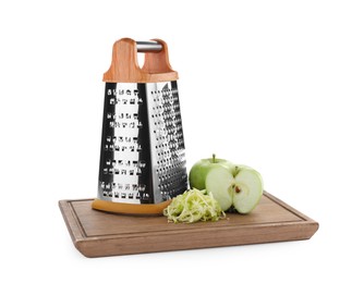 Photo of Stainless steel grater and fresh apples on white background