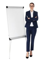 Professional business trainer near flip chart board on white background. Space for text