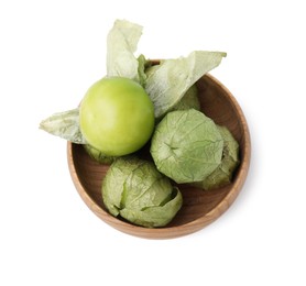 Photo of Bowl of fresh green tomatillos with husk isolated on white, top view
