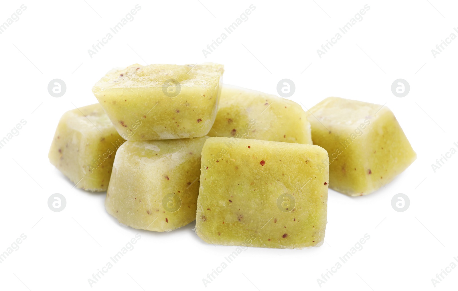 Photo of Frozen fruit puree cubes on white background