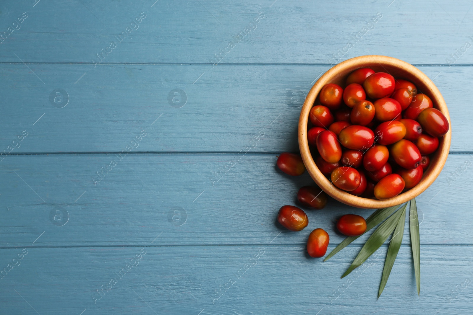 Photo of Palm oil fruits in bowl on blue wooden table, flat lay. Space for text