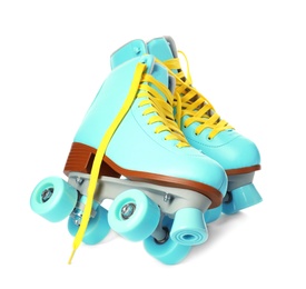 Photo of Pair of bright stylish roller skates on white background
