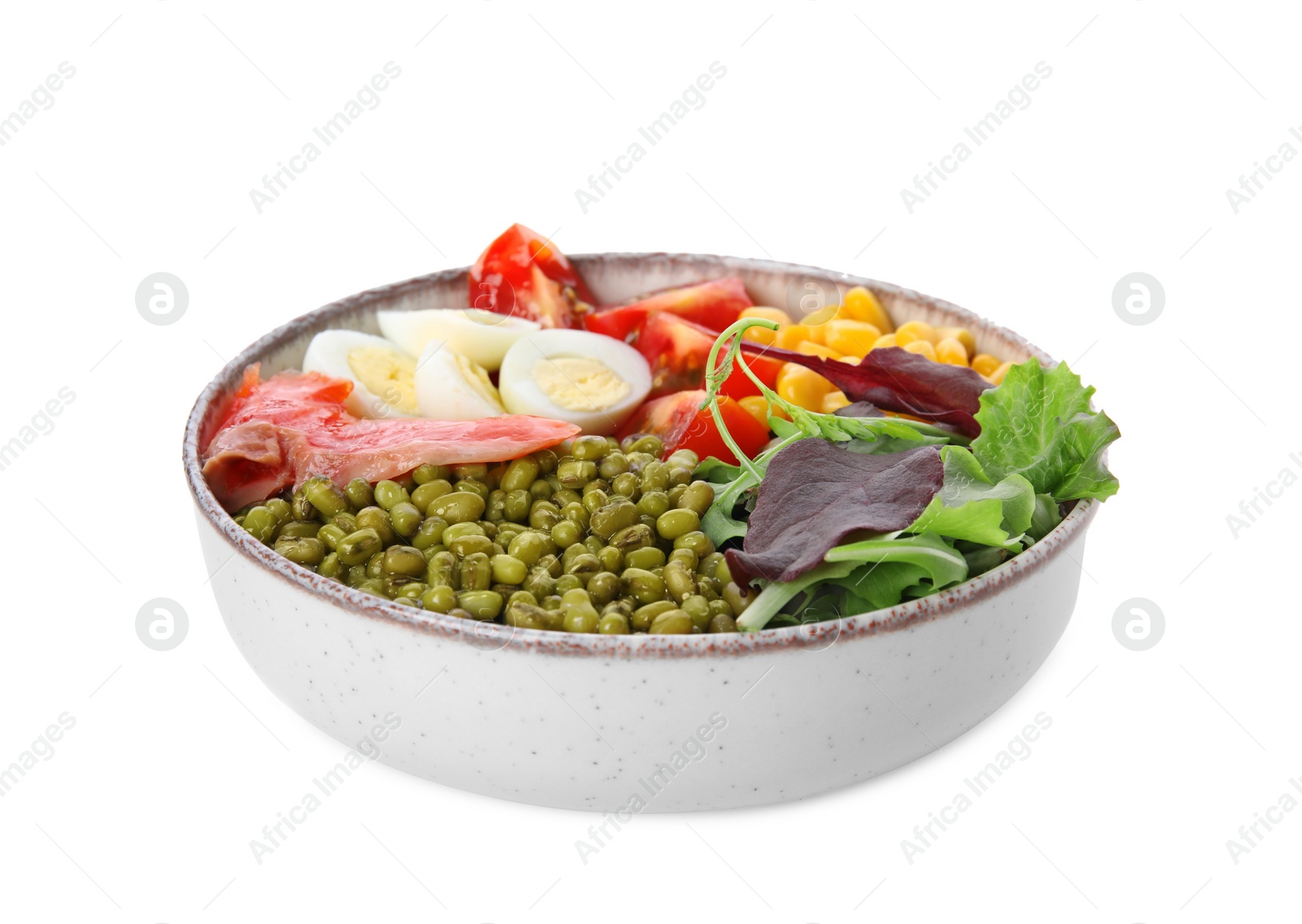 Photo of Bowl of salad with mung beans isolated on white