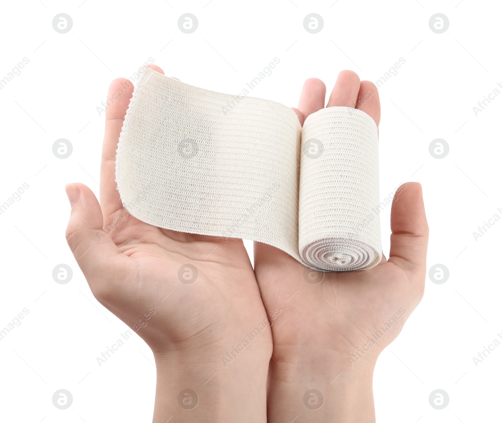 Photo of Woman with medical bandage roll on white background, closeup