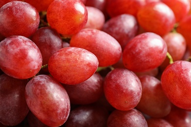 Fresh ripe juicy pink grapes as background, closeup view