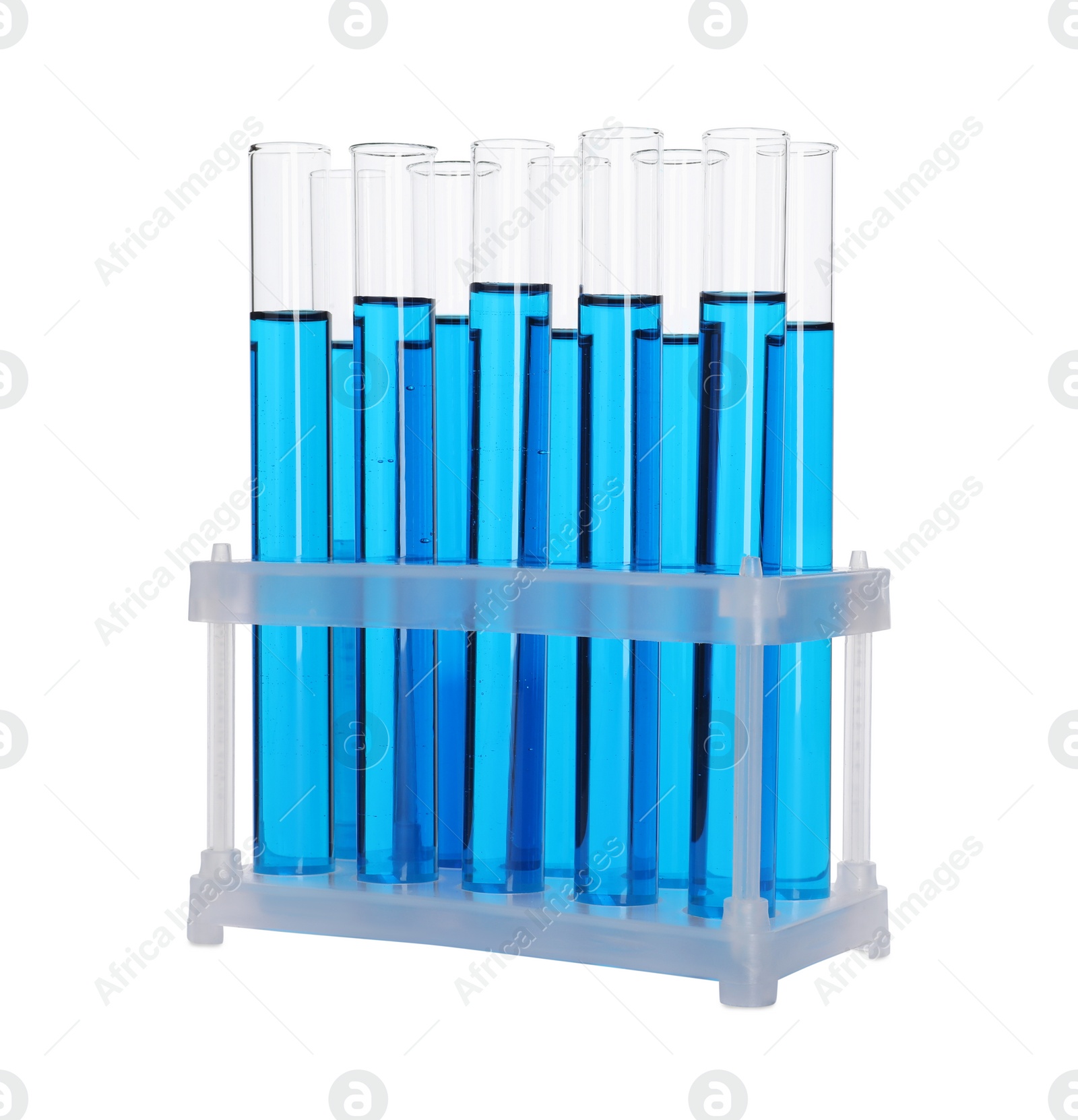 Photo of Many test tubes with light blue liquid in stand isolated on white