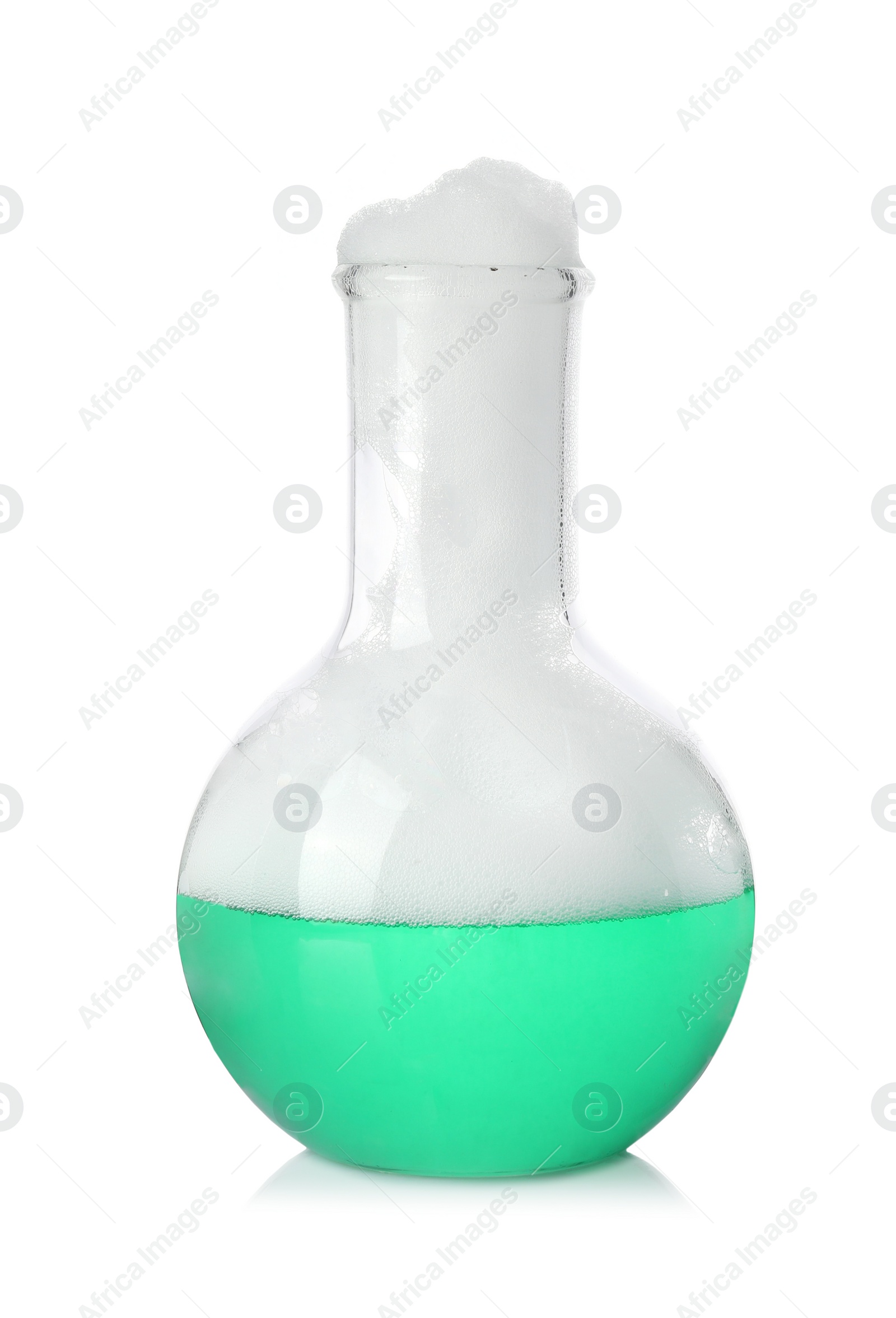 Photo of Laboratory flask with colorful liquid isolated on white. Chemical reaction