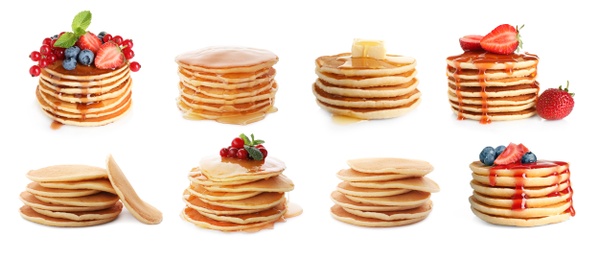 Image of Set of delicious pancakes with different toppings on white background, banner design 
