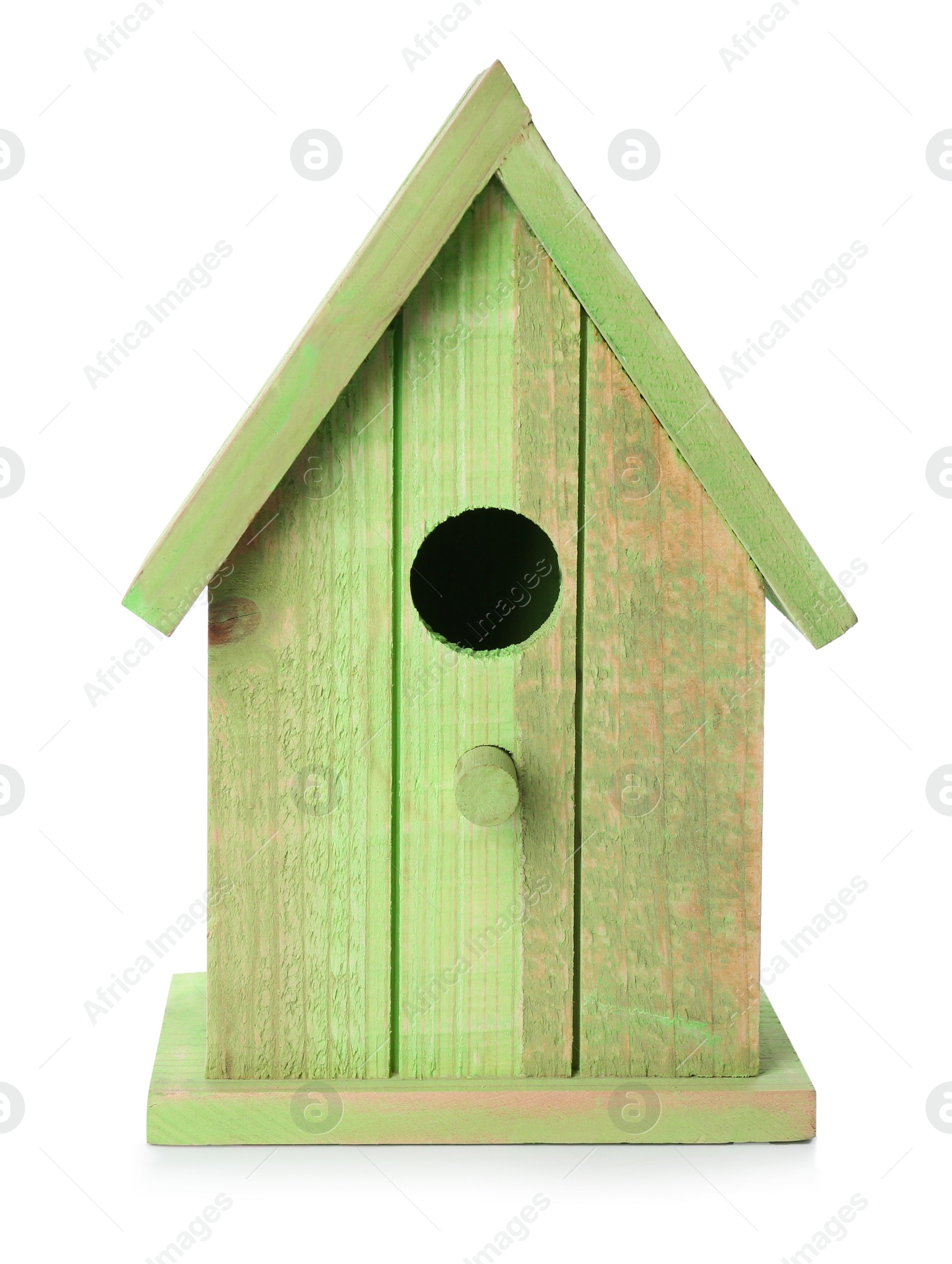 Photo of Beautiful green wooden bird box isolated on white