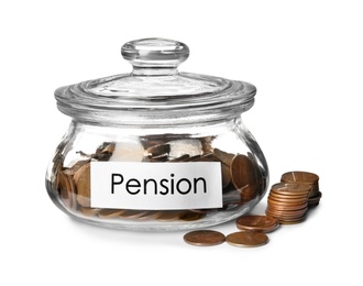 Photo of Glass jar with label PENSION and coins on white background
