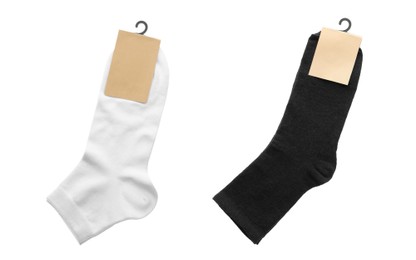 Image of Pairs of cotton socks with blank labels on white background, collage 