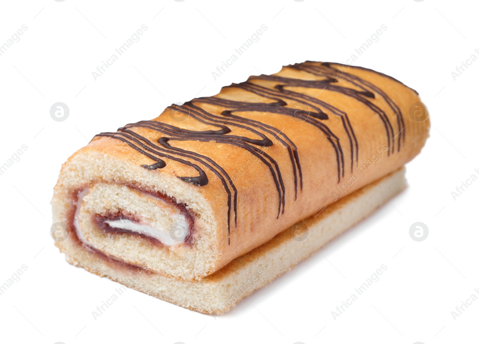 Photo of Tasty cake roll with cream and jam isolated on white