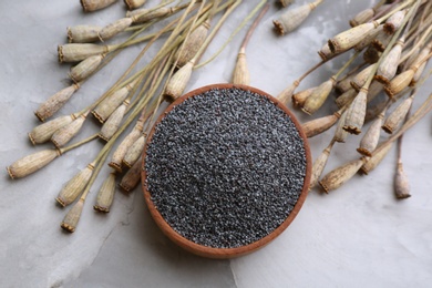 Photo of Dried poppyheads and bowl with seeds on grey table, flat lay