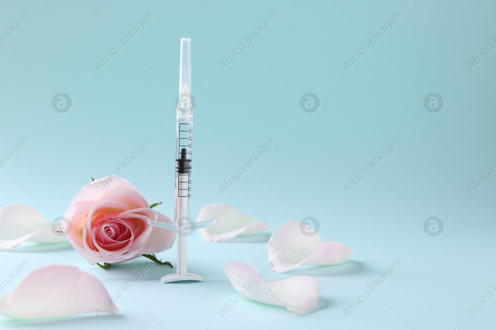 Cosmetology. Medical syringe, rose flower and petals on light blue background, space for text Photo of Cosmetology. Medical syringe, rose flower and petals on light blue background, space for text