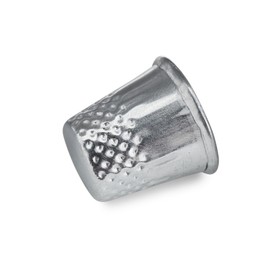 Photo of Silver metal sewing thimble isolated on white, above view