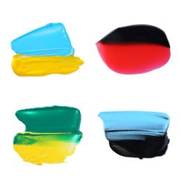 Image of Set with paint samples of different colors isolated on white, top view