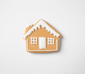Photo of Tasty homemade Christmas cookie on white background, top view