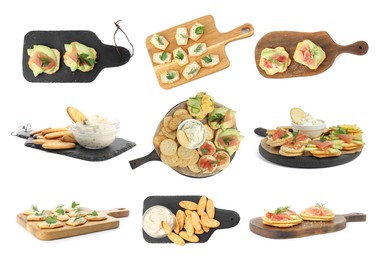 Image of Delicious crackers with different toppings isolated on white, set