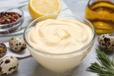 Delicious homemade mayonnaise, spices and ingredients on grey table, closeup