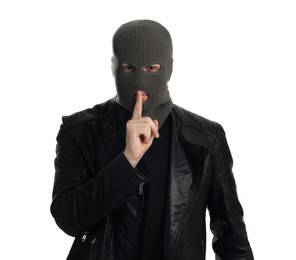 Photo of Man wearing knitted balaclava on white background