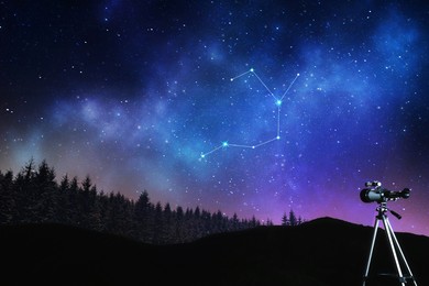 Image of Sagittarius (Archer) constellation in starry sky over conifer forest at night. Stargazing with telescope