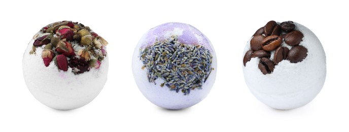 Image of Set with aromatic bath bombs on white background. Banner design