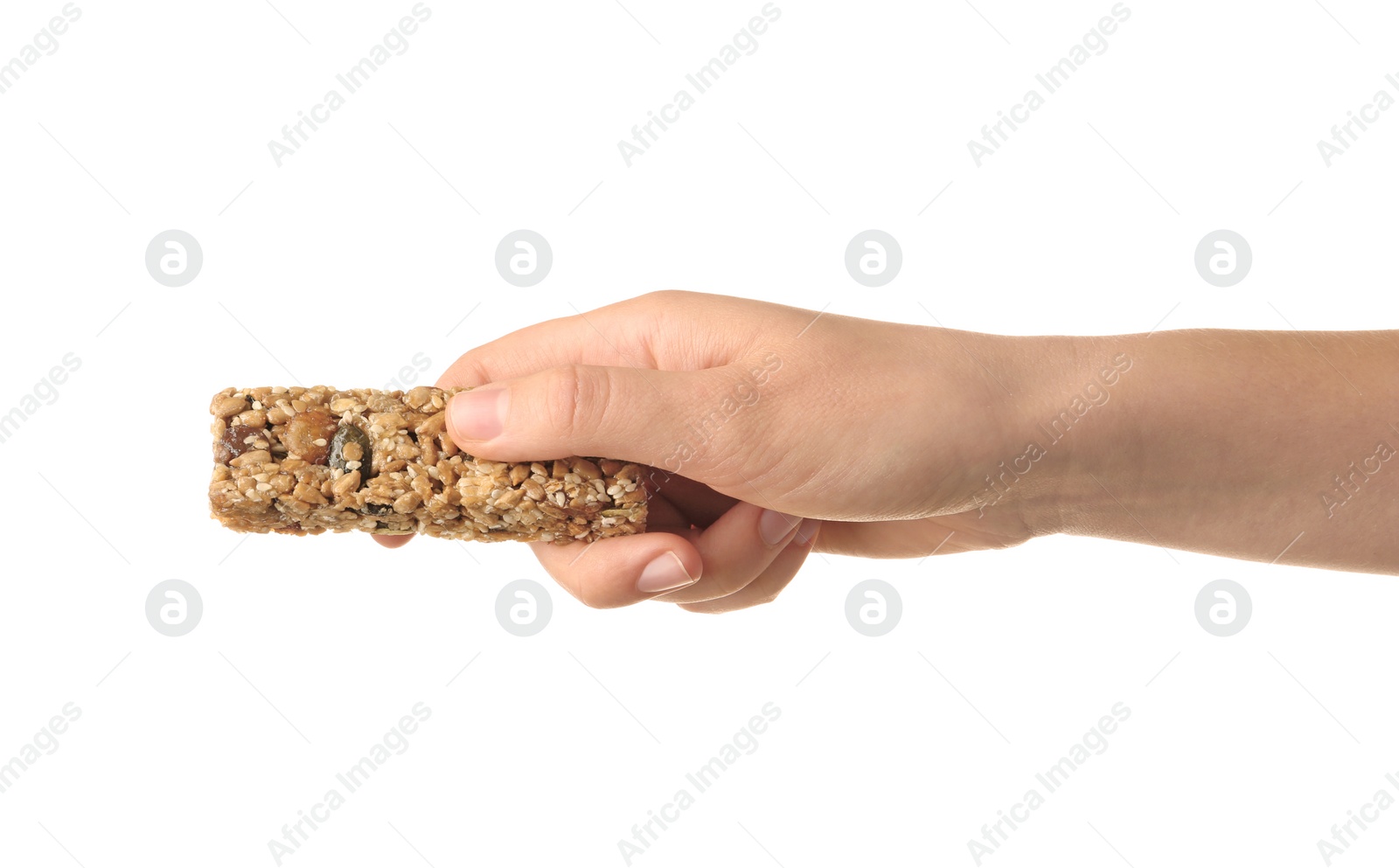 Photo of Woman holding grain cereal bar on white background. Healthy snack