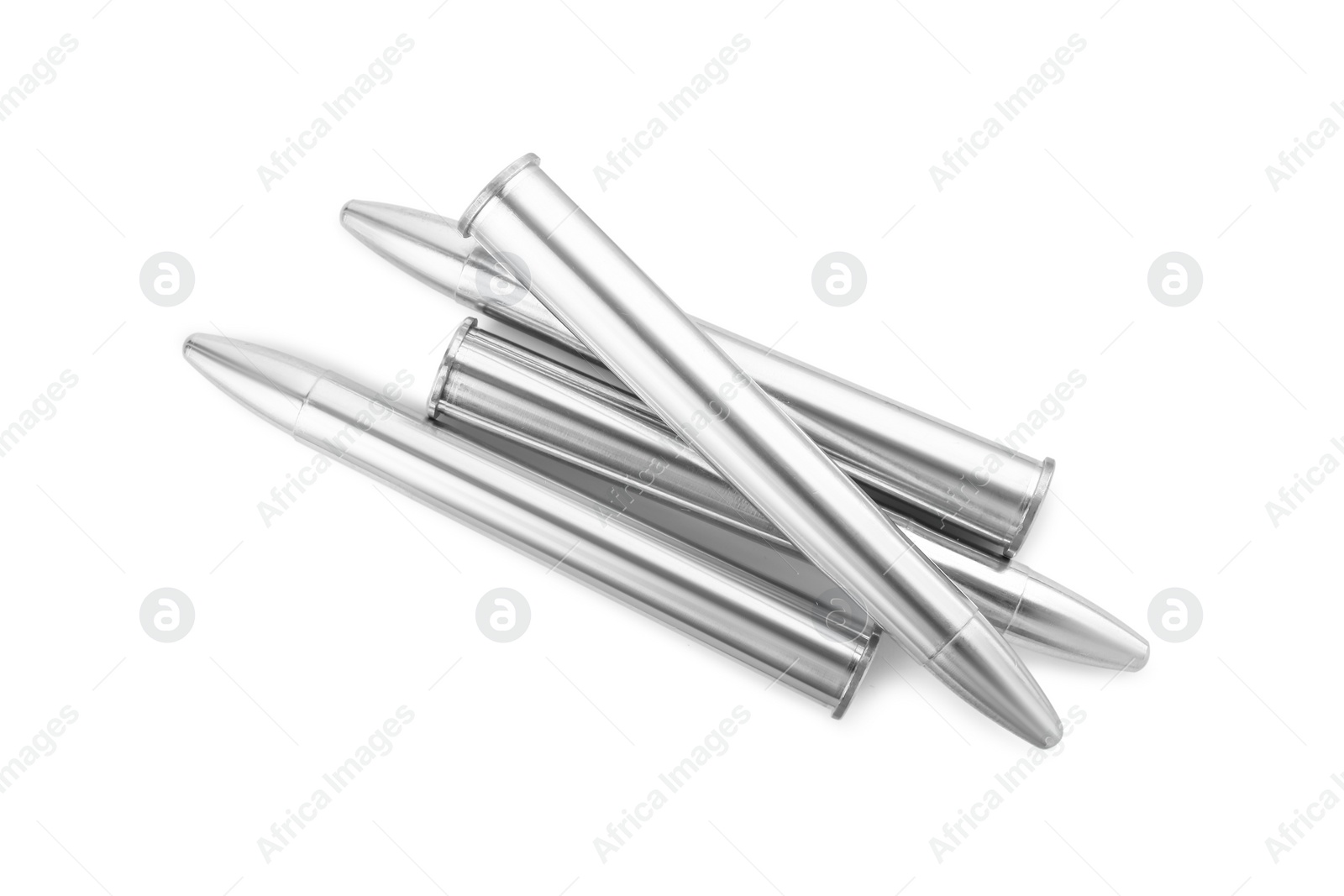 Photo of Metal bullets isolated on white, top view. Military ammunition