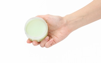 Photo of Woman holding jar of petroleum jelly on white background, closeup